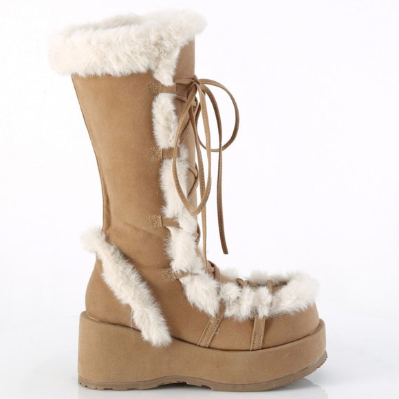 Y2K Faux Fur Trim Platform Lace Up Boots - Picture 1 of 5